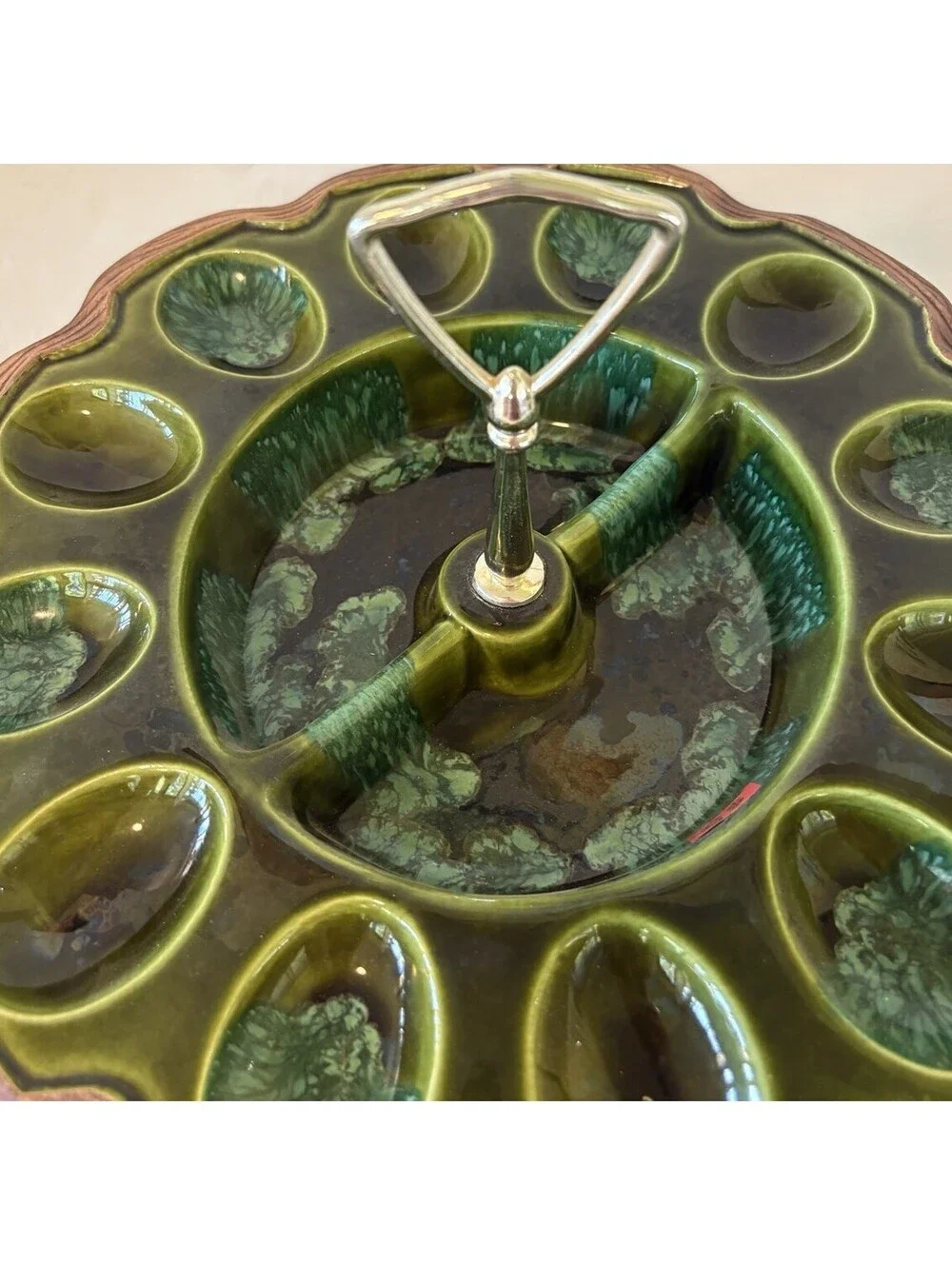 Treasure Craft Ceramic Deviled Egg Relish Tray Green Drip Faux Wood